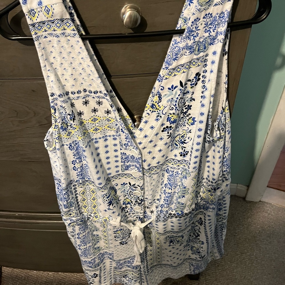 LOFT White Blue Yellow Printed Sleeveless Jumpsuit Romper